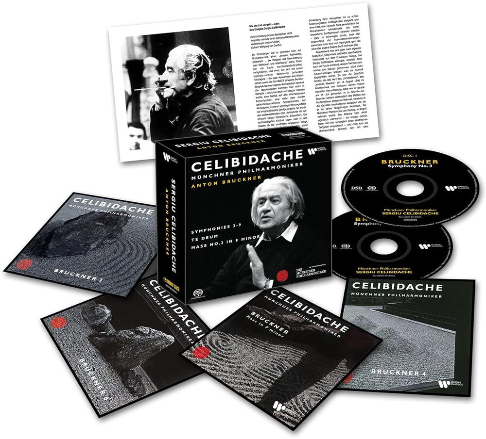 the album cover for Sergiu Celibidache / Munchner Philharmoniker - Bruckner Symphonies 3-9 Te Deum Mass 3
