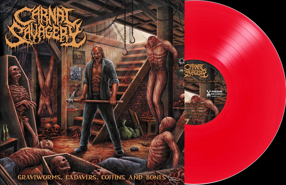 the album cover for Carnal Savagery - Graveworms Cadavers Coffins & Bones - Clear Red