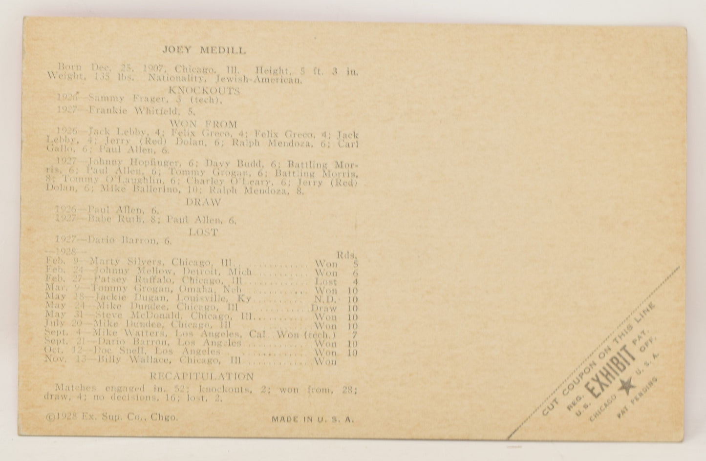 Joey Medill Boxing Exhibit Card Postcard Penny Arcade Photo 1928 5 x 3