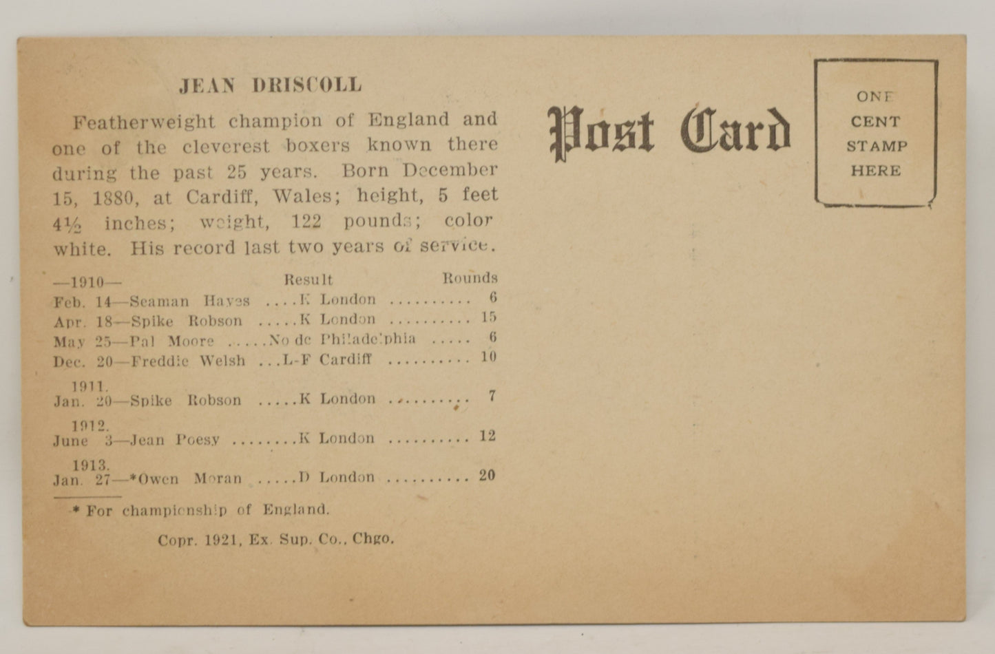 Jean Driscoll Boxing Exhibit Card Postcard Photo 1921 5 x 3