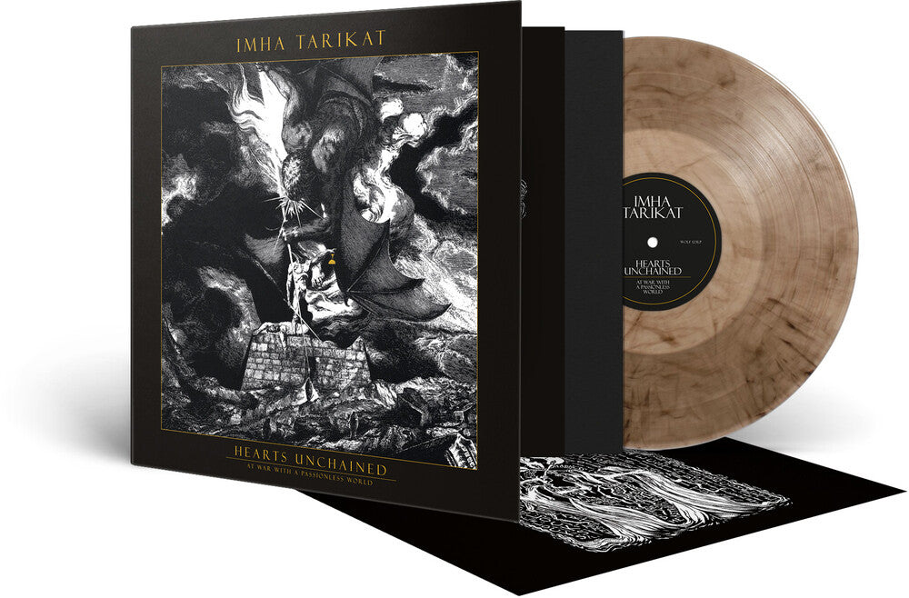 the album cover for Imha Tarikat - Hearts Unchained - At War With A Passionless World - Smokey Marble