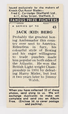 Jack Berg #43 Fred C Cartledge Knock-Out Razor Famous Prize Fighters Boxing Card 1938