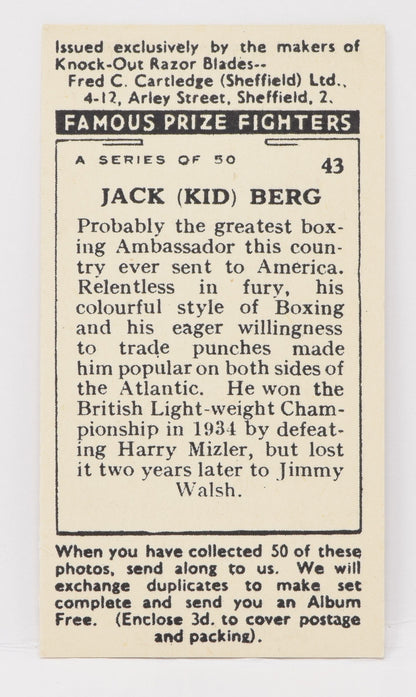 Jack Berg #43 Fred C Cartledge Knock-Out Razor Famous Prize Fighters Boxing Card 1938