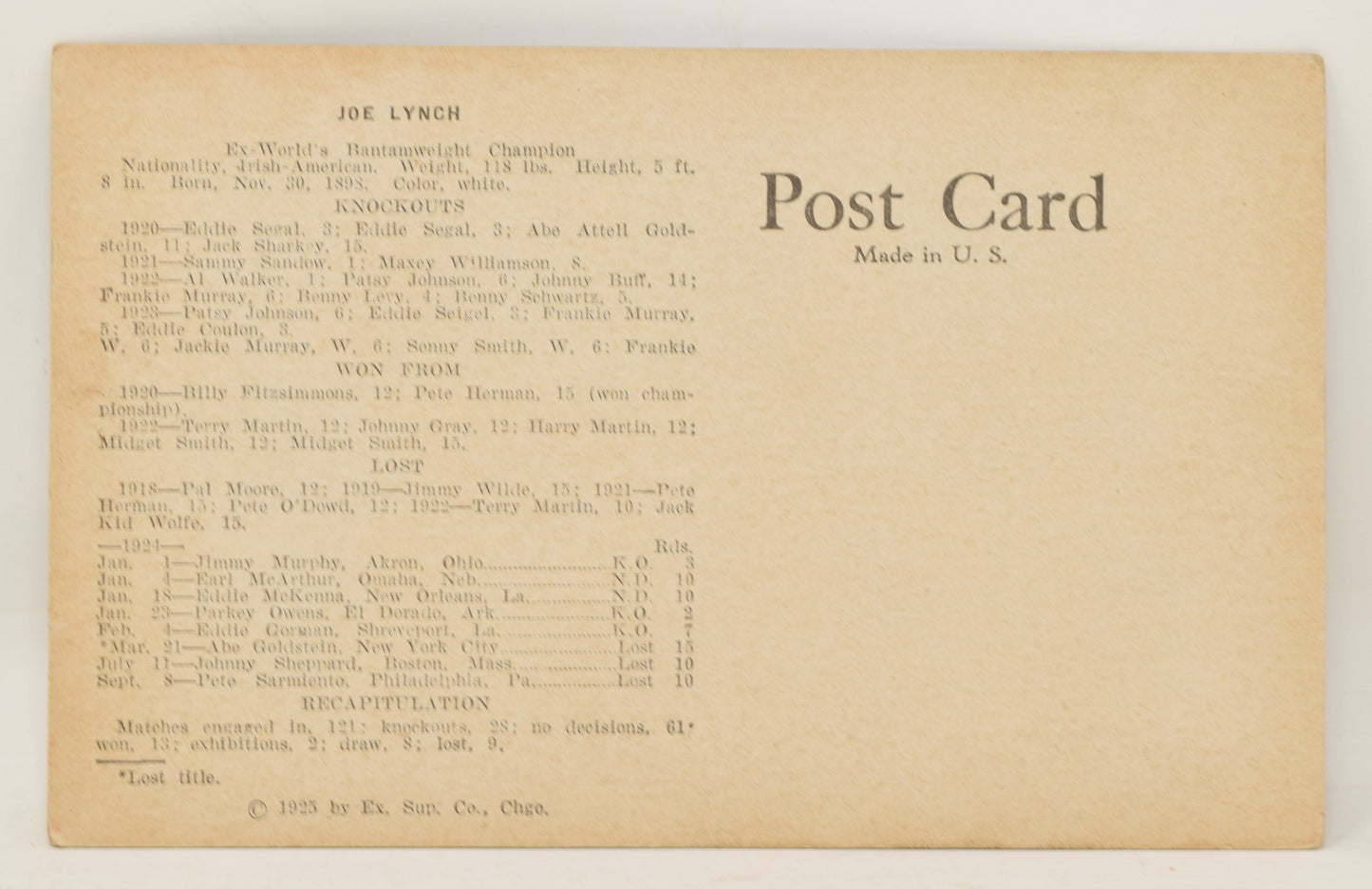 Joe Lynch Boxing Exhibit Card Postcard Penny Arcade Photo 1928 5 x 3