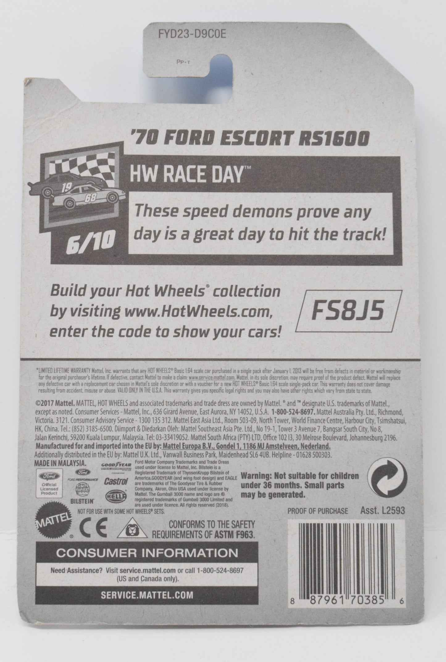 Hot Wheels 70 Ford Escort RS1600 HW Race Day Diecast Car White 6/10 102 New