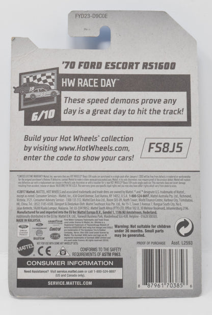 Hot Wheels 70 Ford Escort RS1600 HW Race Day Diecast Car White 6/10 102 New