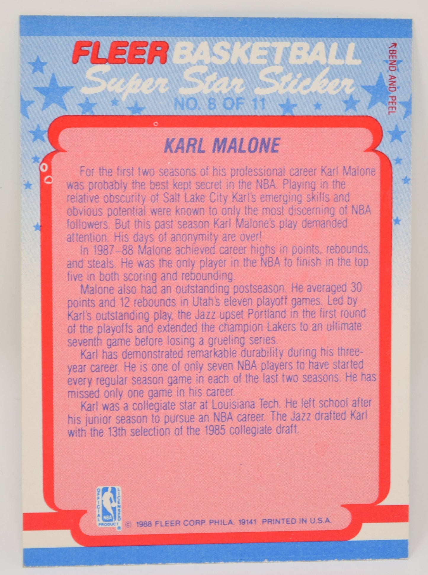 Karl Malone Fleer Super Star Sticker 1988-89 Basketball HOF Card 8