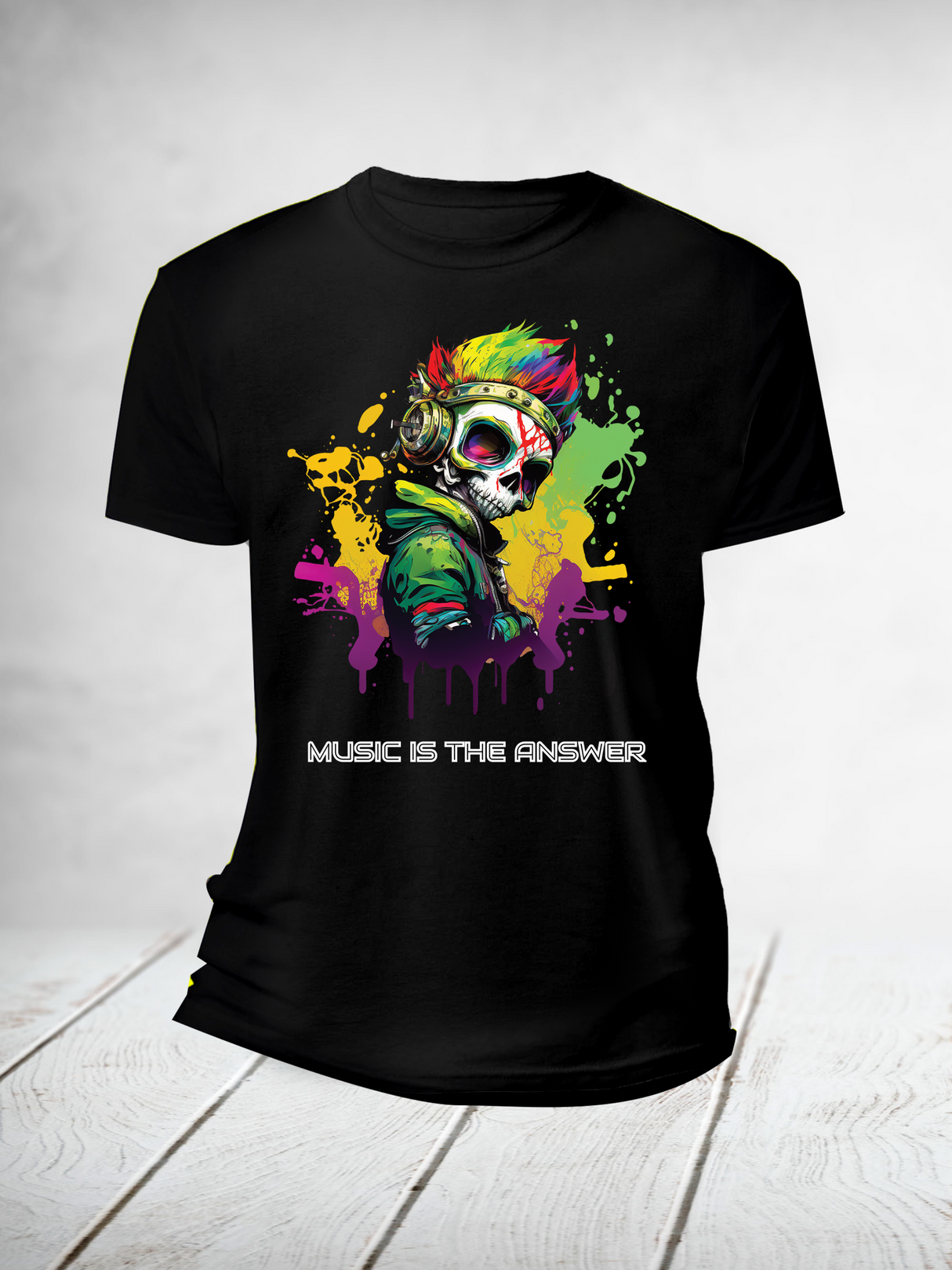 Camisetas con calaveras Music is the Answer, edición a todo color DTG 