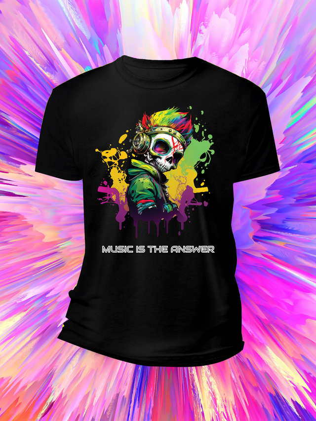 Camisetas con calaveras Music is the Answer, edición a todo color DTG 