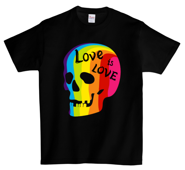 Camiseta con estampado de calaveras y arcoíris con texto "Love is Love" (El amor es amor) | Edición a todo color 