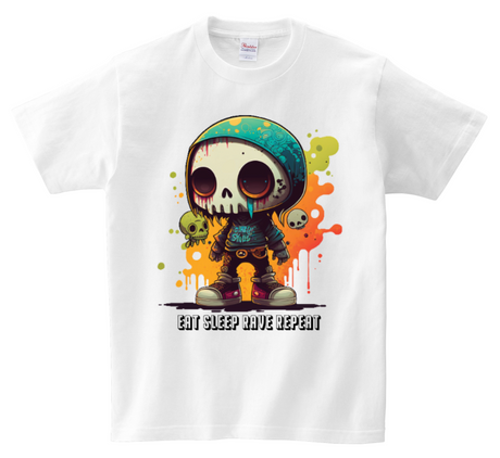 Camisetas Eat Sleep Rave Repeat con grafiti y calaveras DTG Edición a todo color 