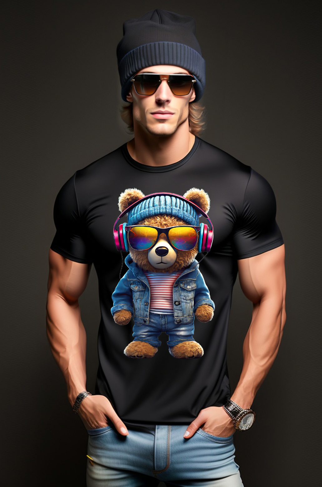 Camisetas exclusivas de osito de peluche con auriculares y gorro rosas | Grooveman Music