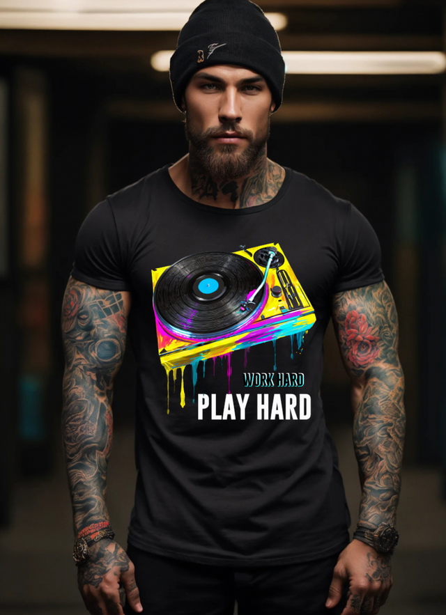 Turntable Work Hard Play Hard Exclusive T-Shirts | Grooveman Music