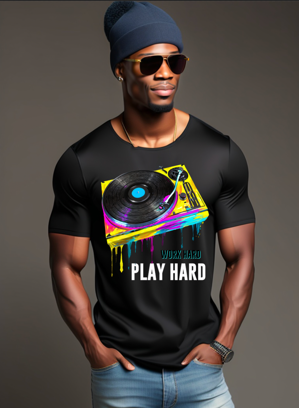 Turntable Work Hard Play Hard Exclusive T-Shirts | Grooveman Music