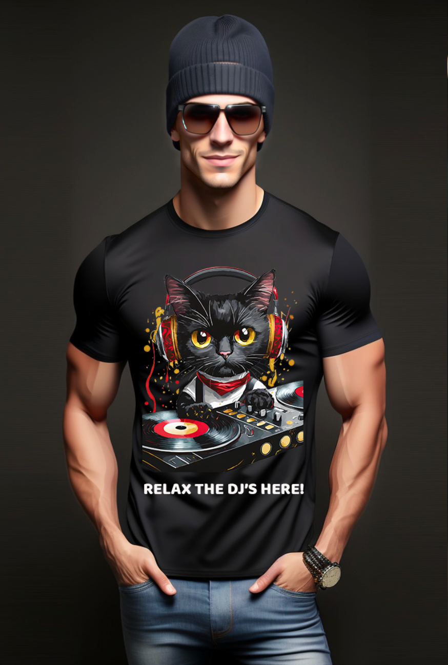 Cat Relax the Dj's Here Art design Exclusive T-Shirts | Grooveman Music