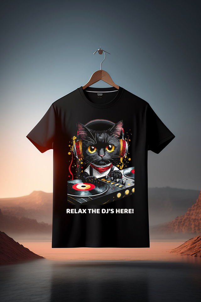 Camisetas exclusivas con diseño artístico de Cat Relax the Dj's Here | Grooveman Music