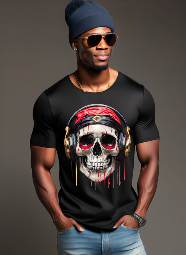 Camisetas exclusivas con diseño artístico de auriculares con calavera dorada | Grooveman Music