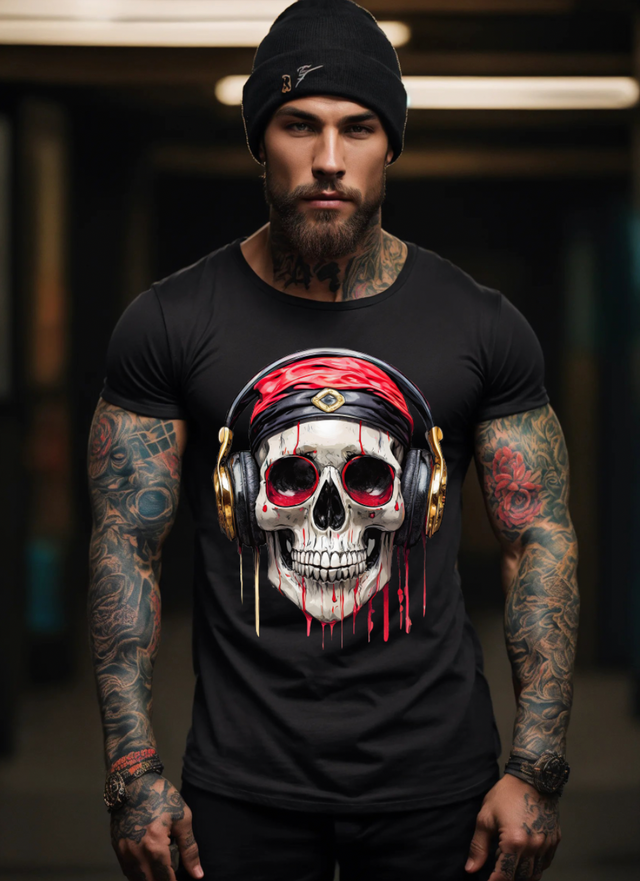 Camisetas exclusivas con diseño artístico de auriculares con calavera dorada | Grooveman Music