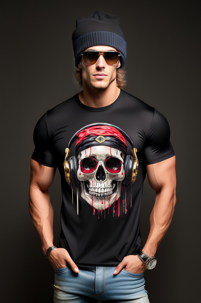 Camisetas exclusivas con diseño artístico de auriculares con calavera dorada | Grooveman Music