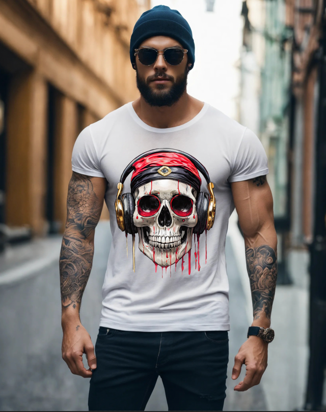 Camisetas exclusivas con diseño artístico de auriculares con calavera dorada | Grooveman Music