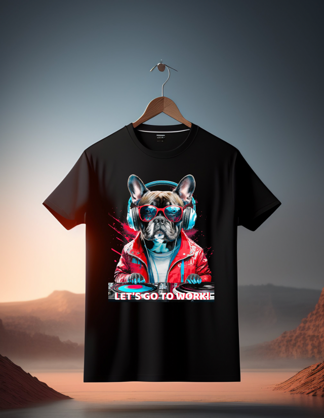 Frenchie DJ ¡Vamos a trabajar! Camisetas exclusivas de arte | Grooveman Music