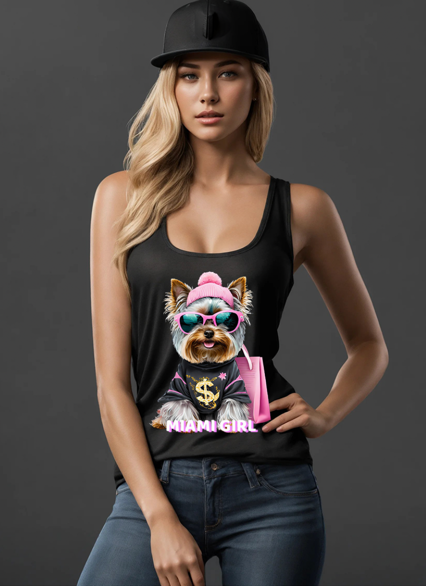 Camiseta sin mangas exclusiva con el arte de Yorkie Miami Girl | Grooveman Music