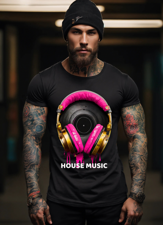 Camisetas exclusivas con arte de auriculares rosas de música house | Grooveman Music