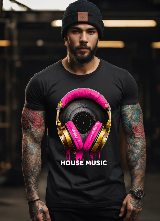 Camisetas exclusivas con arte de auriculares rosas de música house | Grooveman Music