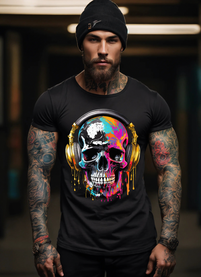 Camisetas exclusivas con auriculares dorados y calaveras | Grooveman Music