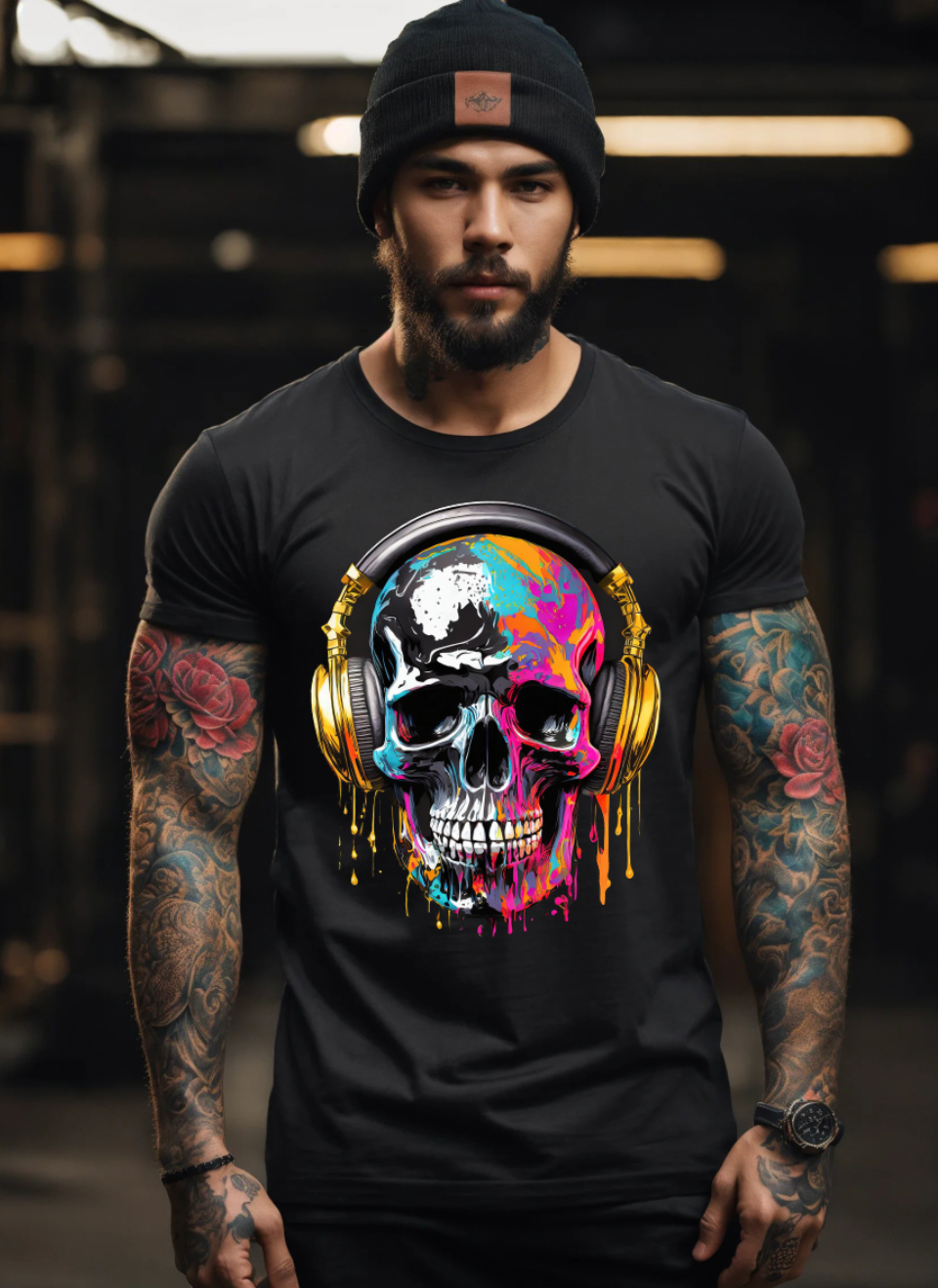 Skull Gold Headphones Art Exclusive T-Shirts | Grooveman Music