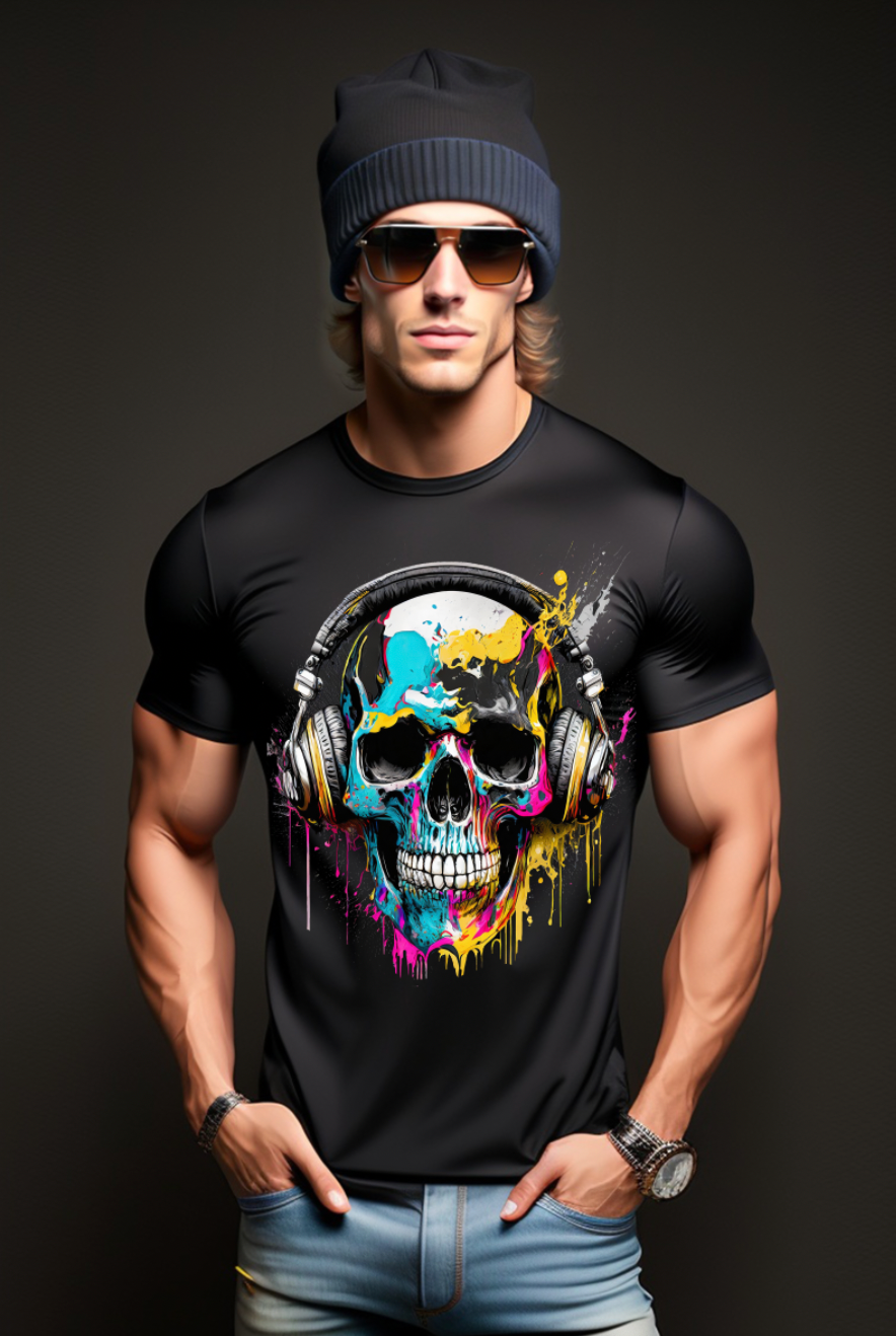 Camisetas exclusivas con arte en azul y amarillo de calaveras | Grooveman Music