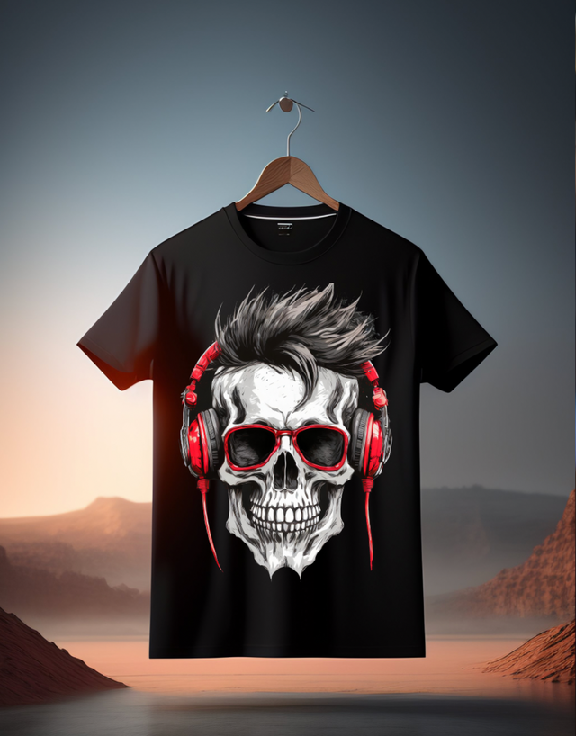 Camisetas exclusivas con diseño de calavera en blanco y negro y auriculares rojos | Grooveman Music