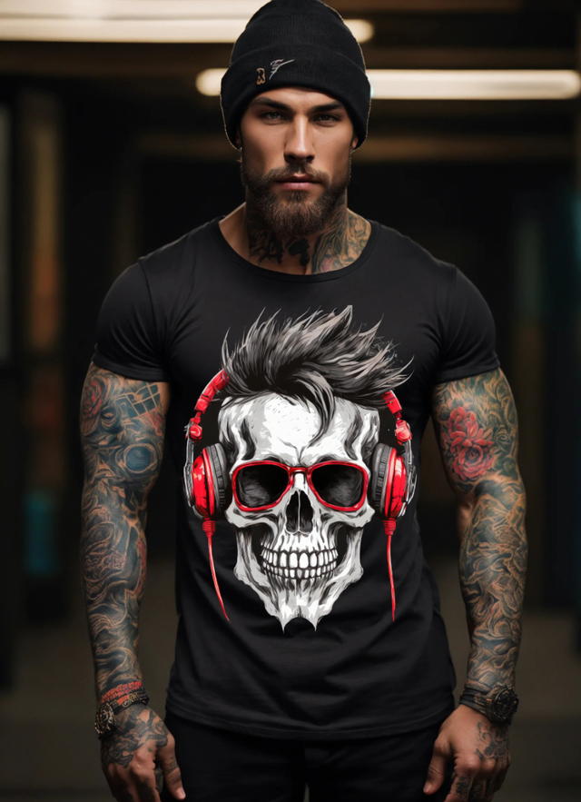 Camisetas exclusivas con diseño de calavera en blanco y negro y auriculares rojos | Grooveman Music