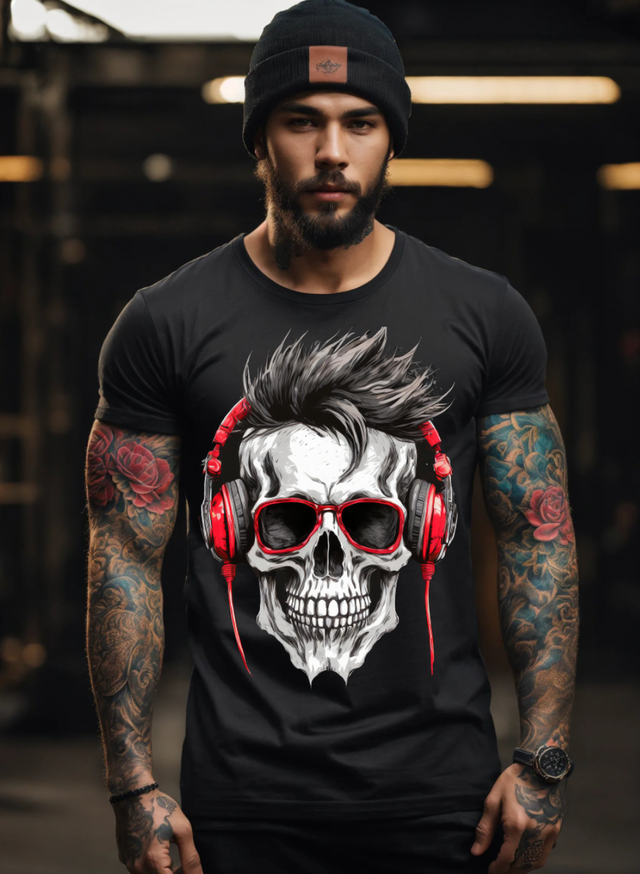 Camisetas exclusivas con diseño de calavera en blanco y negro y auriculares rojos | Grooveman Music