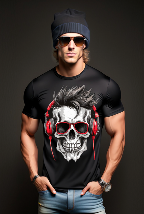 Camisetas exclusivas con diseño de calavera en blanco y negro y auriculares rojos | Grooveman Music