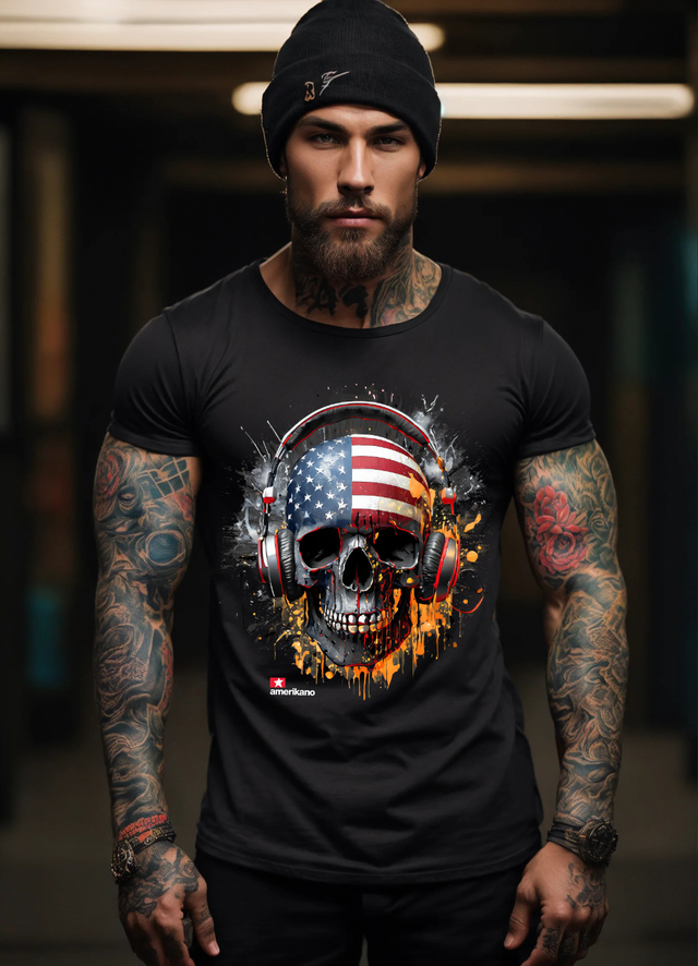 Camisetas exclusivas con la bandera de calavera de Amerikano TM | Grooveman Music