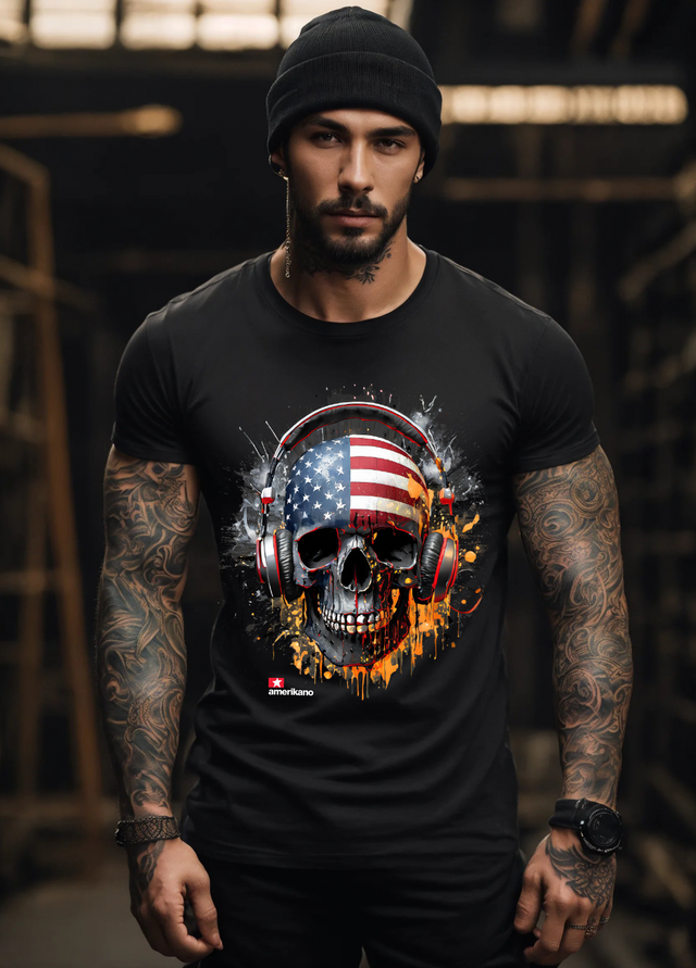 Camisetas exclusivas con la bandera de calavera de Amerikano TM | Grooveman Music