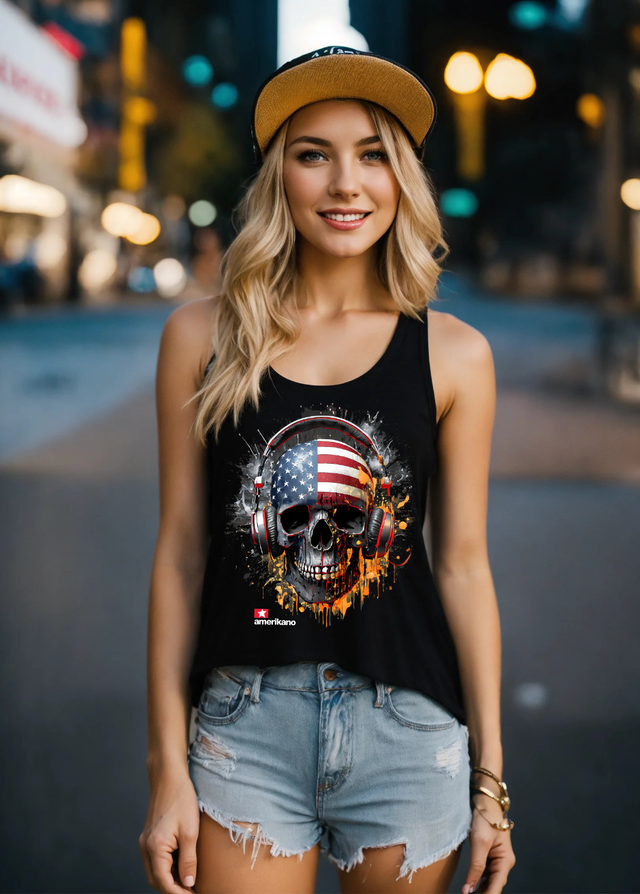 Camiseta sin mangas exclusiva con la bandera de calavera de Amerikano TM Art | Grooveman Music