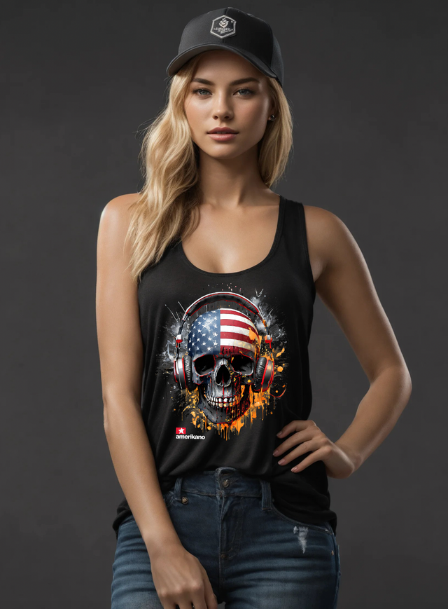 Camiseta sin mangas exclusiva con la bandera de calavera de Amerikano TM Art | Grooveman Music