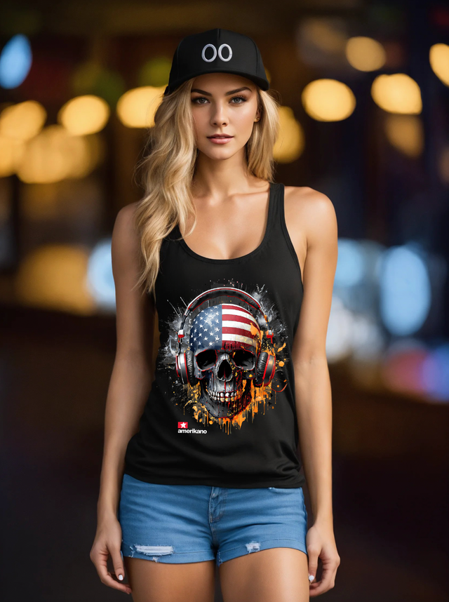 Camiseta sin mangas exclusiva con la bandera de calavera de Amerikano TM Art | Grooveman Music