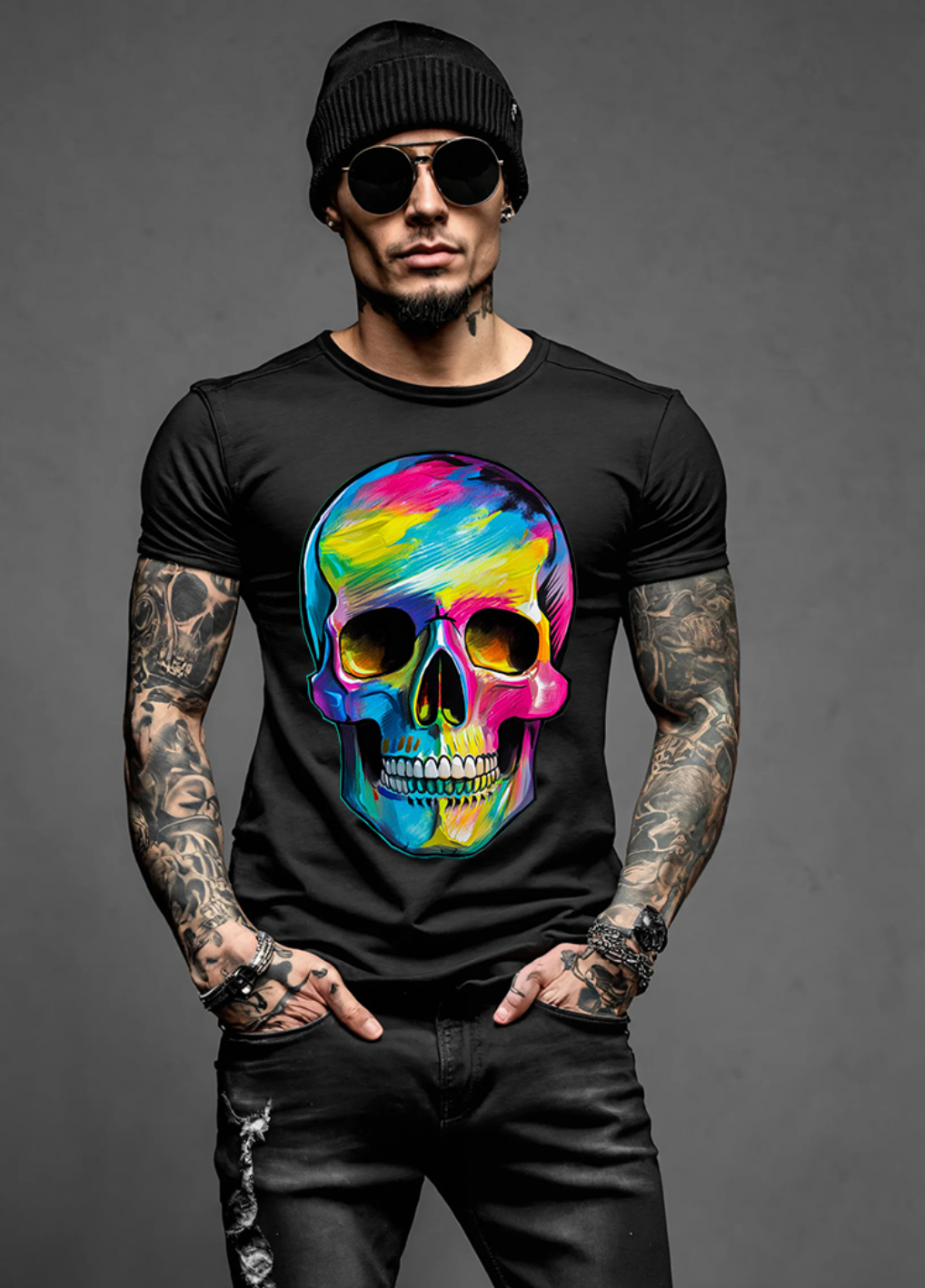 Skull Colorful Neon Art Exclusive T-Shirts | Grooveman Music