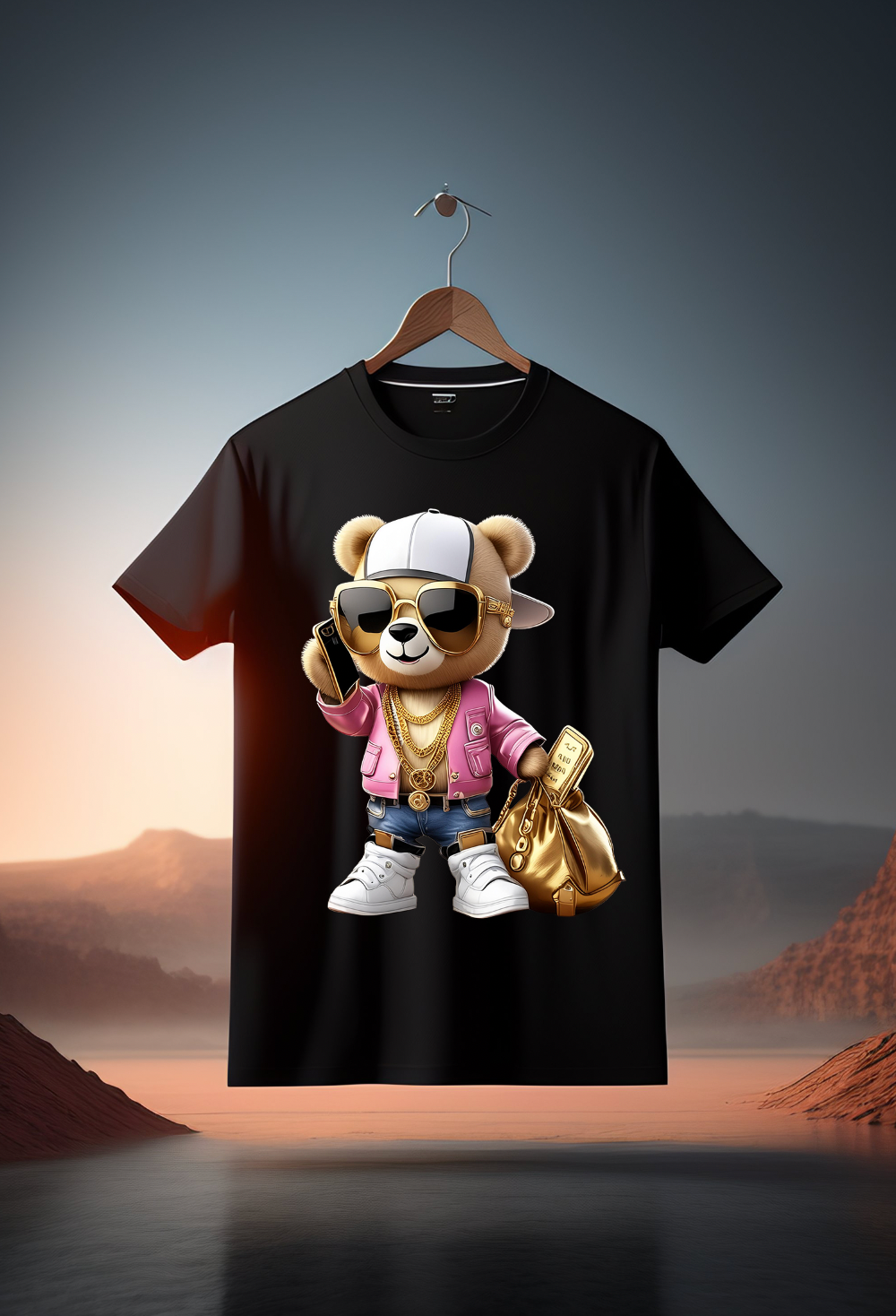 Camisetas exclusivas con diseño de osito de peluche con chaqueta rosa y teléfono | Grooveman Music