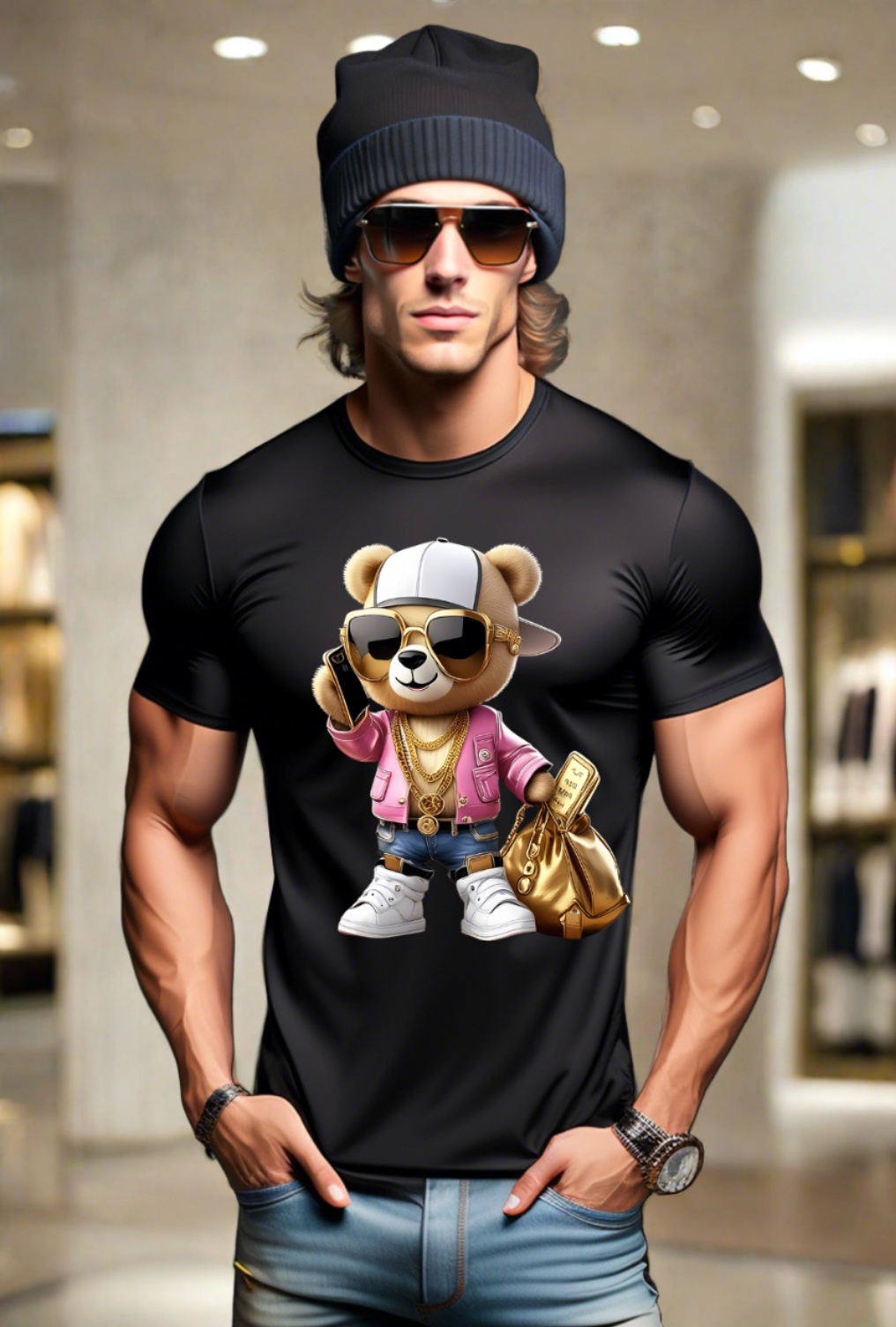 Teddy with Phone Pink Jacket Art Exclusive T-Shirts | Grooveman Music