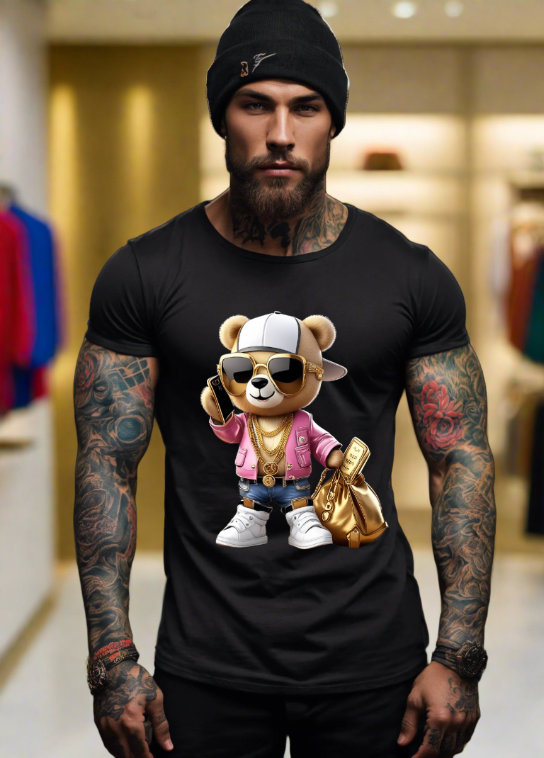 Camisetas exclusivas con diseño de osito de peluche con chaqueta rosa y teléfono | Grooveman Music