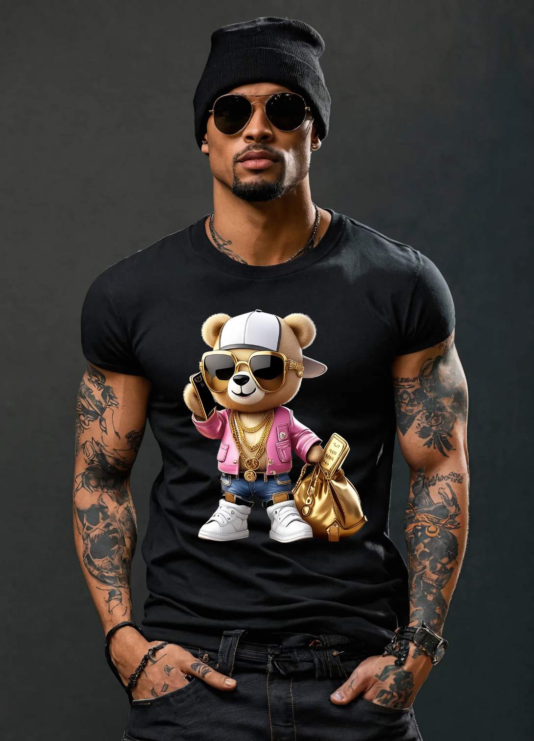 Camisetas exclusivas con diseño de osito de peluche con chaqueta rosa y teléfono | Grooveman Music