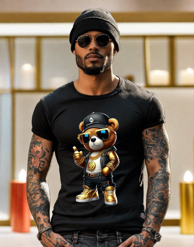 Teddy with Sunglasses Gold G Logo Hat Art Exclusive T-Shirts | Grooveman Music