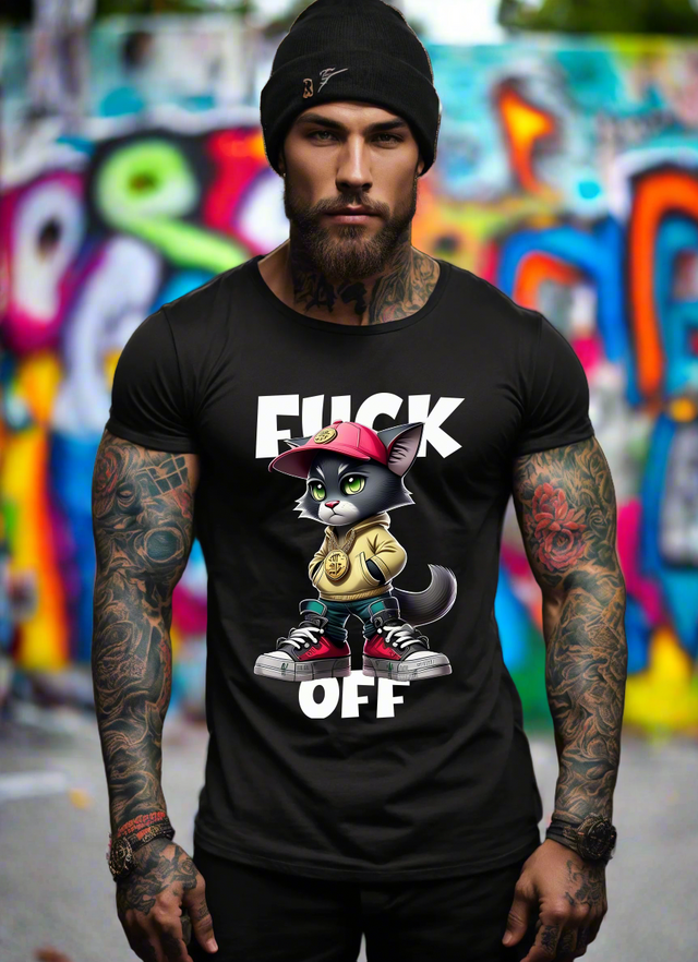 Camisetas exclusivas con el arte de Fuck Off de Cat Gangster | Grooveman Music