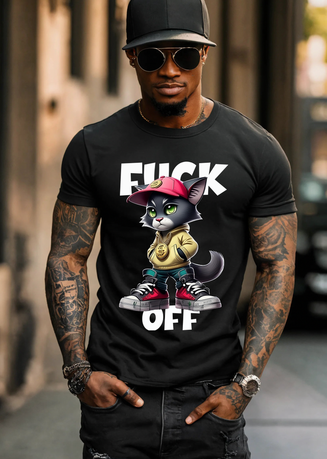 Camisetas exclusivas con el arte de Fuck Off de Cat Gangster | Grooveman Music