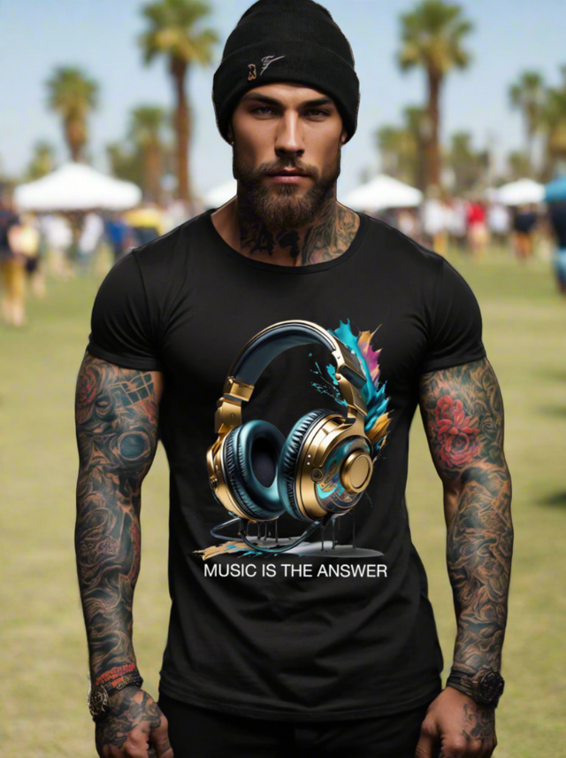 Music is the Answer Headphones Gold Teal Art Exclusive T-Shirts | Grooveman Music