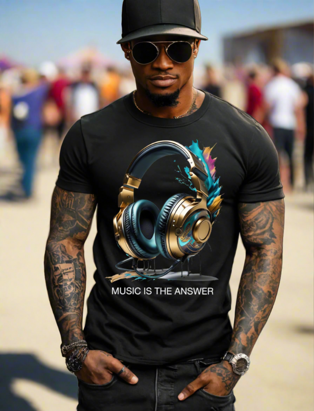 Music is the Answer Headphones Gold Teal Art Exclusive T-Shirts | Grooveman Music